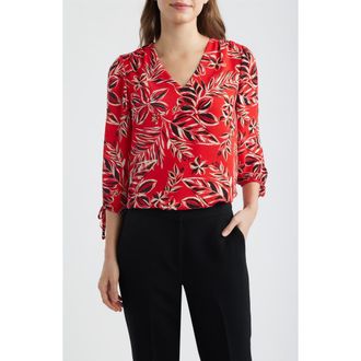 Anne Klein Floral Print Woven Shirt in Begonia Red Mlt at Nordstrom, Size X-Large P