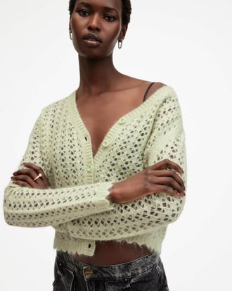 AllSaints Wool/Mohair Vivian Open Stitch V-Neck Cardigan, Size: L