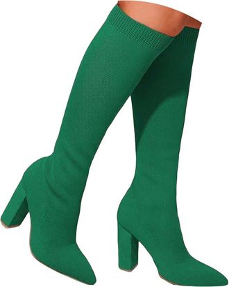 Generic Knee High Boots for Women 2025 Winter Casual Solid Color Chunky Heel Pointed Toe Long Tall Boots Slip On Lightweight Stretch Knitted High Heels Comfor