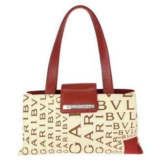 Bulgari Ivory Red Color Canvas Leather Shoulder Bag Tote Bag (Pre-Owned)