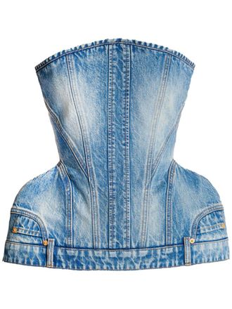 Balmain bustier-style denim top - women - Cotton - 34 - Blue