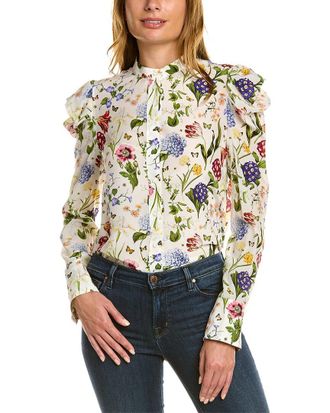 Oscar De La Renta Oscar De La Renta Puff Sleeve Button Front Silk Top