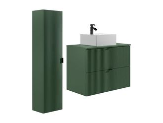 Vente-Unique Mueble de baño suspendido estriado con lavabo cuadrado sobre encimera y columna - Verde mate - 80 cm - ZEVINI