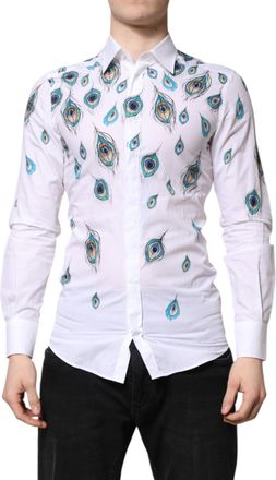 Dolce & Gabbana Mens White Cotton Feather Print Gold Dress Shirt