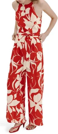 Mango Print Belted Sleeveless Jumpsuit in Red at Nordstrom, Size X-Small