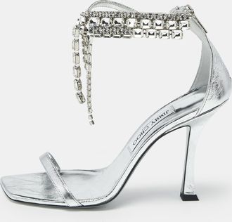 Jimmy Choo London Silver Leather Crystal Embellished Verity Sandals
