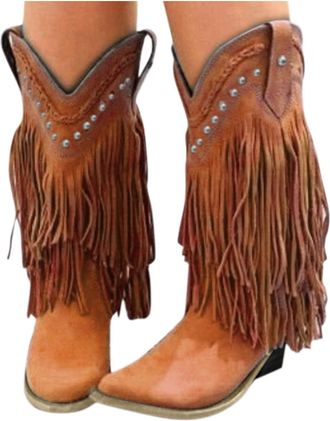 Generic Fringe Cowboy Boots for Women,2025 Pointed Toe Tassel Knee High Booties Retro Fringe Rivet Slip On Wide Mid Calf Knight Riding Booties Wide Calf Ridin