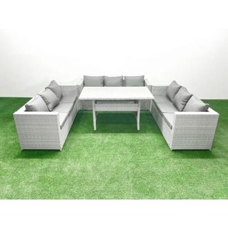 Fimous Rattan Garden Outdoor Furniture Set 9 Seater Garden Sofa Rectangulr Dining Table Set Light Grey Mixed - Fimous
