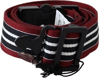 Costume National Maroon Black Stripe Silver Black Buckle Womens Belt