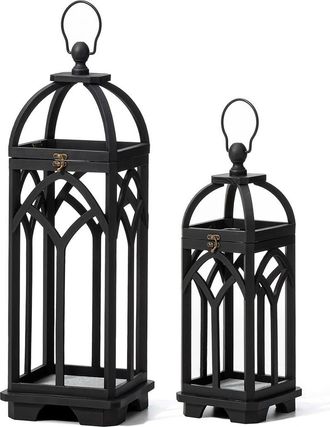 Glitzhome Set of 2 Wooden Church Style Decorative Lanterns Candle Holders in Black at Nordstrom