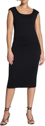 Spanx Ruched Scoop Neck Midi Dress in Classic Black at Nordstrom, Size X-Small