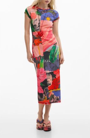 Desigual Mixed Print Stretch Cotton Knit Dress in Pink at Nordstrom, Size X-Large