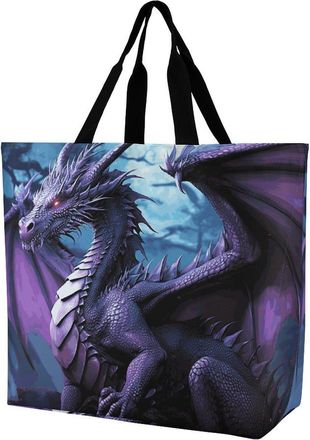 Generic YHNNH Fashionable Reusable Womens Shoulder Tote Bag Purple Dragon Purple Moon Printed with Unique Heat Transfer Print, Eco-Friendly Durable Polyester 