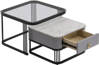 Urban Meuble Mesa de centro moderna de cristal, imitación mármol y metal negro