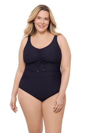 Aqua Green Plus Size Cinch V-neck Side Shirred One-Piece Swimsuit in True Navy at Nordstrom, Size 2X