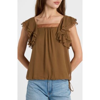 Santorelli Chass Ruffle Blouse in Silk Georgette in Dark Bronze at Nordstrom, Size 10