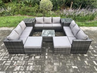 Fimous Outdoor Rattan Garden Furniture Set Patio Lounge Sofa Set with 2 Side Tables Square Coffee Table 2 Big Footstool in Dark Grey