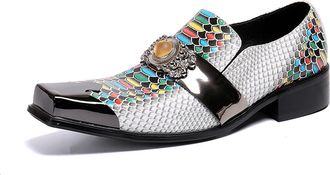 Generic Mens Slip On Shoes Penny Loafers - Genuine Leather Dress Shoes with Metal-Square Toe for Prom Wedding Party Disco Bar (11.5,White 1)