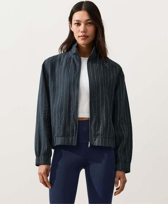 Oysho Giacca accollata in 100% lino blu gessato-Blu navy