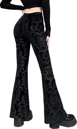 Generic Womens Goth Flare Pants Embossed High Waisted Leggings Bottoms Vintage Casual 70s Palazzo Wide Leg Trousers, 40 _black, Large