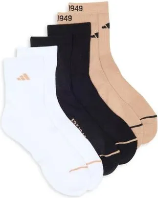 adidas 3-Pack Cushioned Sport Quarter Crew Socks in Sandstone Beige/White/Black at Nordstrom Rack, Size Large