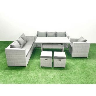 Fimous 6 Pieces Outdoor Rattan Sofa Set with Cushions Patio Garden Furniture Sets with Armchair Dining Table 2 Small Footstools - Fimous