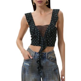 AFRM Lowell Lace Trim Ruffle Crop Top in Black/Aqua Dot at Nordstrom Rack, Size X-Small