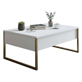 Dmora Dmora - Mesa De Caf&eacute; Canis, Mesa De Centro Baja, Revistero Para Sof&aacute;, Estante De La Sala De Estar, 90x60h40 Cm, Blanco Y Oro, Con Embalaje Reforzado