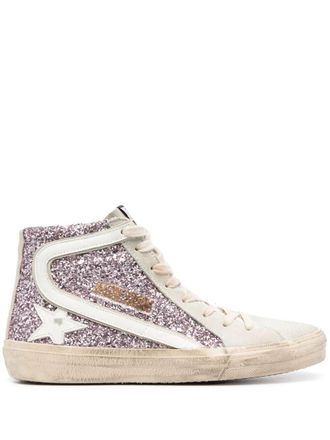 Golden Goose Slide Glitter Upper Suede Toe Shiny Leather Star And Wa