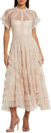 Mac Duggal Flutter Sleeve Micro Ruffle Mesh Midi Dress in Blush at Nordstrom, Size 10
