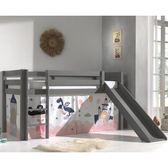M&S Collection M&s - Cama De Media Altura 90x200 Con Tobog&aacute;n, Somier Y Funda Fairy Vipack Pino Gris