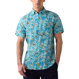 Robert Talbott Morgan Surf Printed Linen Short Sleeve Shirt in Blue Waves at Nordstrom, Size Xxx-Large