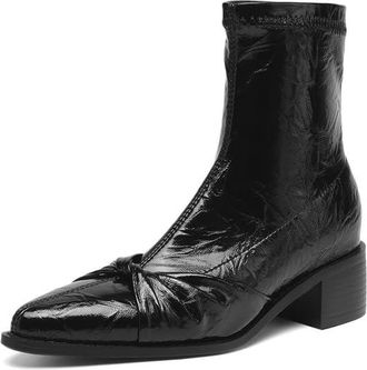 Generic Womens Knot Detailed Ankle Boots Square Toe Low Block Heels Faux Leather Multi Color Comfortable Non Slip Wear Resistant Casual Daily Office Shoes,Bla