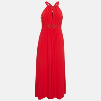 Jenny Packham Red Beaded Jersey Halter Neck Maxi Dress