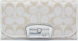 Coach Beige/white Signature Canvas And Leather Flap Continental Wallet