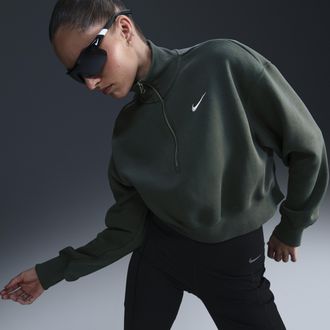 Nike Womens Nike Sportswear Phoenix Fleece 1/4-Zip Cropped Sweatshirt in Green | DQ5767-338