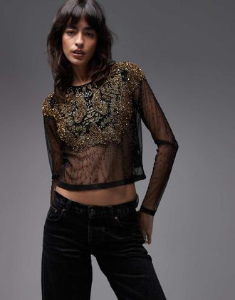 AllSaints Greta - Top nero e oro decorato