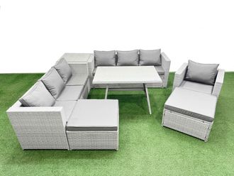 Fimous 9-seater Patio 3 Seater Sofa Armchair Set with Side Table 2 Big Stools in Light Grey