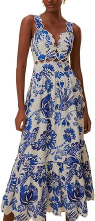 Farm Rio Flowerful Birds Off-White Sleeveless Linen-Blend Midi Dress