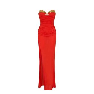 Elisabetta Franchi Gowns, female, Red, Size: XS Draped Metal-Cups Maxi Dress