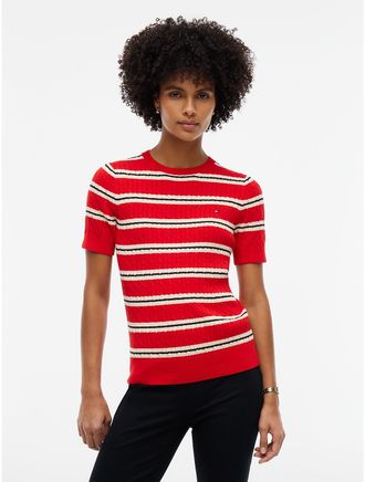 Tommy Hilfiger Womens Short-Sleeve Striped Cable Knit Sweater - Red Stripe - XXL