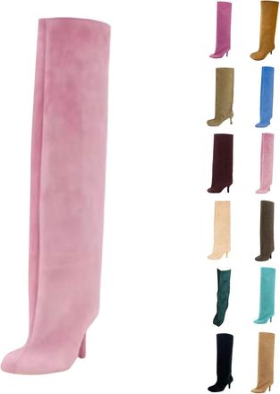 Generic Suede Knee High Boots for Women Wide Calf Square Toe Stiletto Heels Tall Boots Ladies Fall Winter Slouchy Pull On High Heel Dress Long Booties for Par