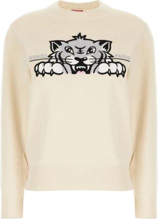 Kenzo Happy Tiger Sweater - Dames - Ronde hals truien - Beige - M - Katoen - Truien & Vesten