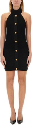 Balmain Black Textured Mock Collar Mini Dress