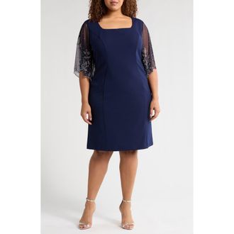 Alex Evenings Beaded Sleeve Stretch Crepe Cocktail Sheath Dress in Navy at Nordstrom Rack, Size 22W