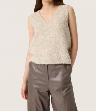 Soaked In Luxury Venessa V-Neck Fluffy Knit Waistcoat In Oatmeal Melange