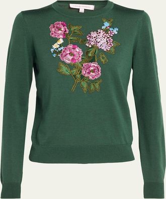 Carolina Herrera Floral Embroidered Silk-Cotton Crewneck Sweater