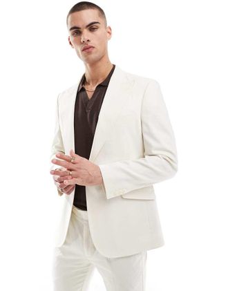 Asos linen blend skinny suit jacket in cream-White