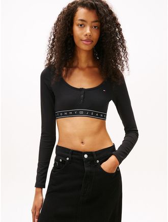 Tommy Hilfiger Womens Tommy Jeans Logo Tape Crop Top - Black - XL