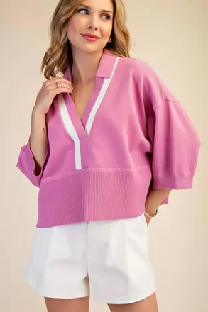 Glam Val V-Neck Contrast Sweater In Pink